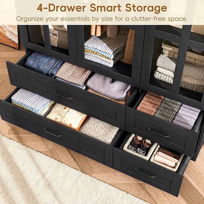 Squireewo 78" Arched Armoire Wardrobe Closet with Motion Sensor LED Light, 3 Windowpane Glass Doors & 4 Drawers, Large Wood Bedroom Storage Cabinet, Clothing Organizer with Hanging Rod, Black