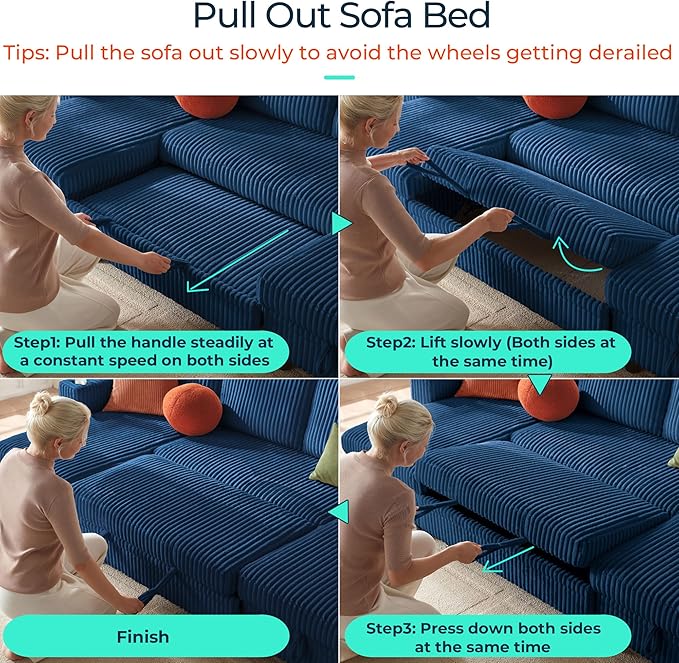 LINSY HOME Pull Out Sofa Bed Sectional Sleeper Sofa with Storage, Plush Corduroy Pullout Modular Sectional Couches for Living Room, L Shaped Convertible Couch Bed for Apartment (Blue)