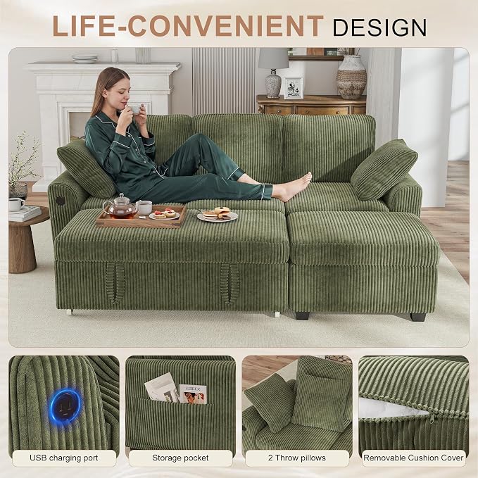Hanherry 81" Sectional Couch with Pull Out Bed,3 Seat Corduroy Sleeper Sofa with Storage Ottoman & USB Charging,Comfy L Shaped Modular Couches for Living Room,Apartment