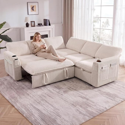 Sectional Sleeper Sofa with Pull Out Bed, Plush Corduroy 5 Seat Modular Sectional Sofa with Storage Chaise and Adjustable Backrest, Cloud Couches for Living Room, Apartment, Beige