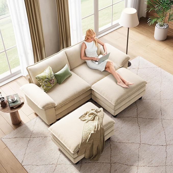 LINSY HOME 90'' Modular Sectional Sofa 2 Seat Couch Corduroy Cloud Couch with Deep Seat, Modern Cloud Couch with 2 Movable Ottoman for Living Room, Office, Bedroom, Beige