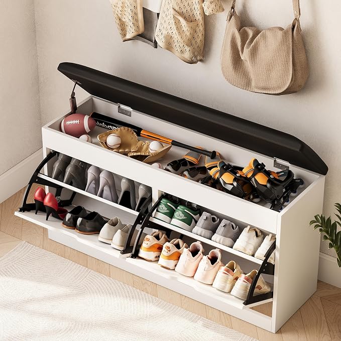 40" Shoe Storage Bench with 2 Flip Drawers & Padded Seat Cushion, Shoe Cabinet with Lift Top Storage Box, Shoe Bench Shoe Organizer for Entryway, Hallway, Living Room, White