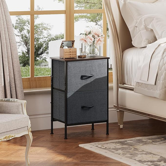 WLIVE Night Stand, Small Dresser with 2 Drawers & Wooden Top, Nightstand with Fabric Bins, Bedside Table End Table for Bedroom, Closet, Entryway, College Dorm, Charcoal Black