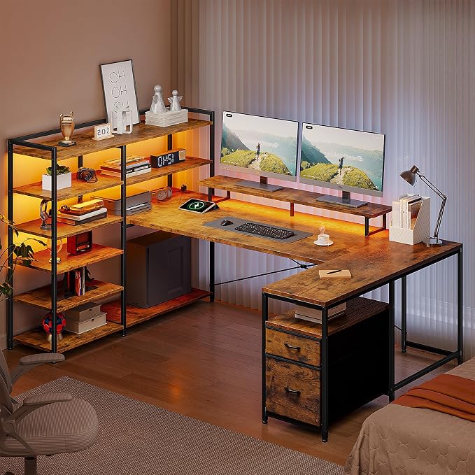 DurayLoly 63" L Shaped Desk with Monitor Stand & CPU Stand, Reversible Computer Desk with 6-Tier Shelves& 2 Fabric Drawers, Ergonomic Desk with Power Outlet & LED Lights for Home Office,Rustic Brown