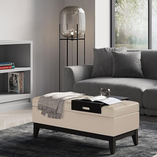 SIMPLIHOME Oregon Storage Ottoman Bench with Tray - 42 inch Wide Upholstered Vegan Leather Rectangle Storage Ottoman Bench in Satin Cream, Transitional Tufted Ottoman for Living Room with Lift-Up Lid