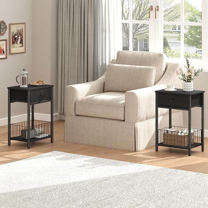 Nightstands Set of 2 with PU Leather Front Drawer, 3-Tier End Table with Bottom Mesh Basket, Industrial Bedside Tables for Bedroom, Black