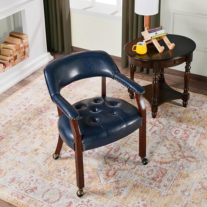 LEEMTORIG Set of 4 Dining Chairs with Casters and Arms, Large Rolling Dining Chairs with Wheels, Accent Solid Wood Boss Caption's Chairs, 26" Dx25.2 Wx31.5 H, Cherry Legs & Blue SY-1533-LB
