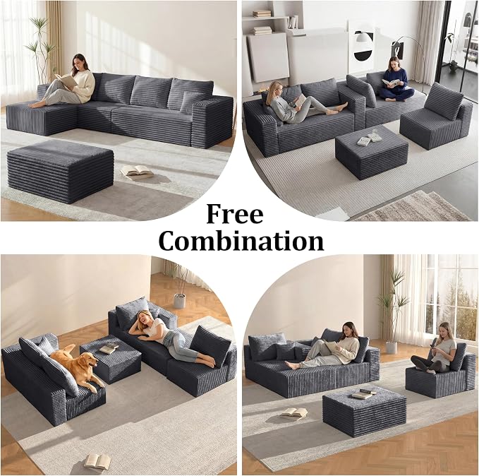 BSHOMGI 92.5'' U-Shaped Boneless Couches, Comfy Corduroy 3 Seaters Sofas with Ottoman, Modern High Back Sectional Sofa for Living Room with Oversized Chaise Deep Seat Sofa, No Assembly Needed
