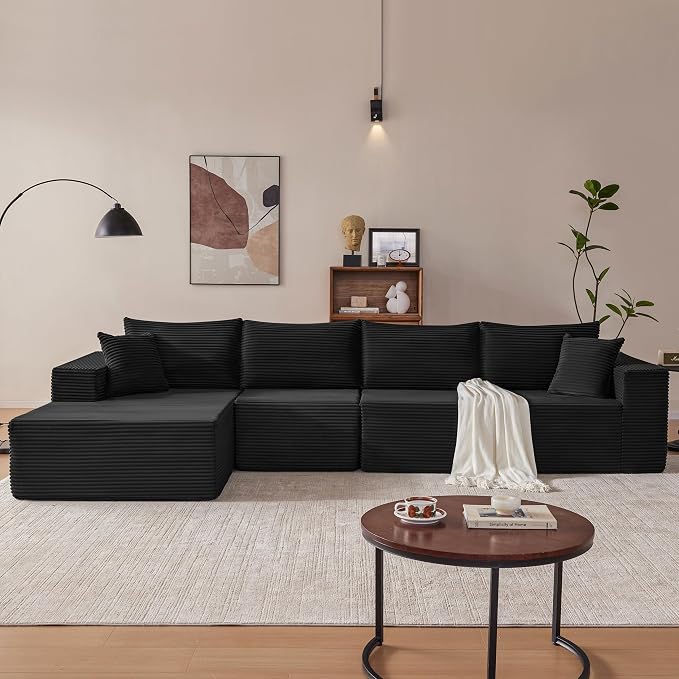 Mangodan 140” Cloud Sectional Couch, Modular Sectional Sofa with Deep Seat, Boneless Sofa for Living Room, Fluffy Comfy L-Shaped Couch with Left Facing Chaise, No Assembly Required, Black