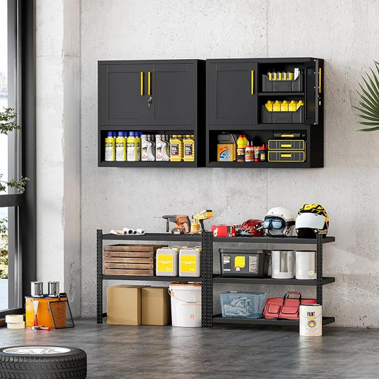 GAIOUS Metal Garage Wall Cabinet with Lock, Wall Mounted Steel Tool Cabinet | with Door and Shelf, Medicine Cabinet with Open Area, Hanging Cabinet for Garage Warehouse Bathroom Kitchen, Black