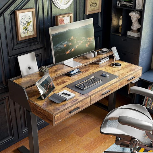 CubiCubi Standing Desk 48x26 Inches with 3 Wood Drawers and Monitor Shelf, Ergonomic Rising Home Office Desks, Height Adjustable Computer Desk, Sit Stand Up Electric Workstation Table, Brown