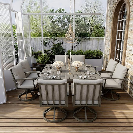 HAPPATIO Patio Dining Set, Aluminum Outdoor Dining Set for 8, 59" Large Square Dining Table with Umbrella Hole and 8 Swivel Chairs, Outdoor Table and Chairs for Lawn Yard Patio