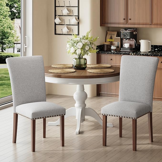 COLAMY Parsons Dining Chairs Set of 6, Upholstered Fabric Dining Room Kitchen Chair with Nailhead Trim and Wood Legs - Light Grey