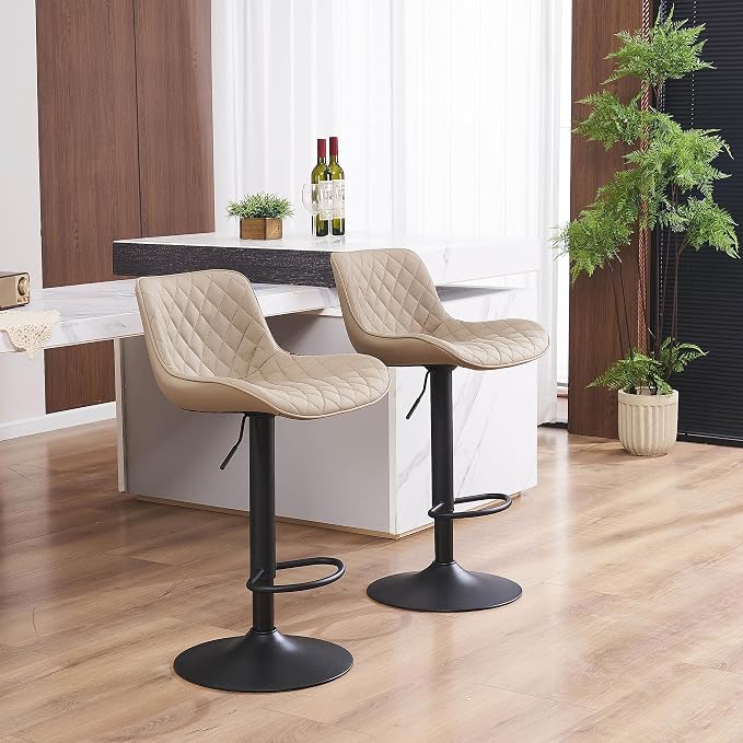 YOUTASTE Khaki Bar Stools Set of 2, Mid-Century Modern Adjustable Swivel Counter Height Chairs with Back, Faux Leather Upholstery, Black Metal Base, Ideal for Kitchen, Island, Dining Room, Restaurant