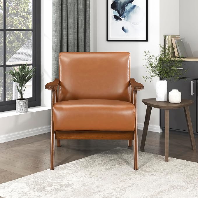 Lexicon Mid Century Modern Accent Chair with Solid Wood Frame in Walnut Finish, Faux Leather Living Room Lounge Arm Chair, Thick and Comfy Innerspring Seat Cushion, Brown