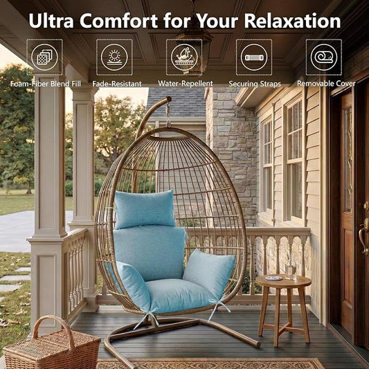 Egg Chair Cushion with 8 Securing Straps, Water-Repellent & Fade-Resistant Faux Linen, Removable Cover, Replacement Cushion for Most Single Outdoor Hanging Swing Egg Chairs – Teal