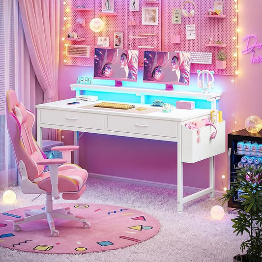 DurayLoly 47.3 Inch Computer Desk with 2 Drawers & LED Lights, Home Office Desk with Side Pocket, Gaming Desk with Monitor Stand, Study Writing Table for Small Spaces, White