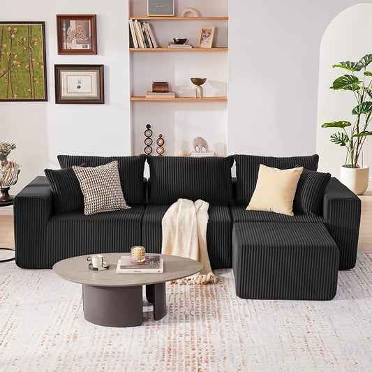 Weture 107.4" Cloud Couch Sectional, Modular Sofa with Deep Seat, Plush Corduroy L Shaped Boneless Couch, Convertible Sectional Couches for Living Room, 4Seat, Black
