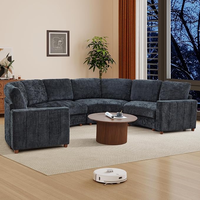 ORRD Curved Half Moon Sectional Sofa, Curved Couch with Deep Seat, Boucle Modular Sectional Sofa with Pillows, Chenille Comfy 4 Seat Couch for Living Room, Black Blue