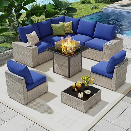 9 Piece Outdoor Patio Furniture Set with 28'' Fire Pit Table, Outdoor Sectional Furniture, Rattan & Wicker Modern Modular Conversation Set Sofa Couch W/Water Resistant Washable Thick Cushions, Blue