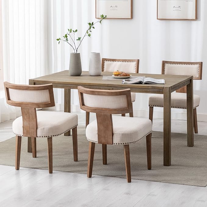 RIVOVA Mid Century Modern Dining Chairs Set of 2 Linen Fabric Upholstered Kitchen Side Chairs with Nailhead Trim, Modern Kitchen Armless Solid Wood Dining Chairs, Beige
