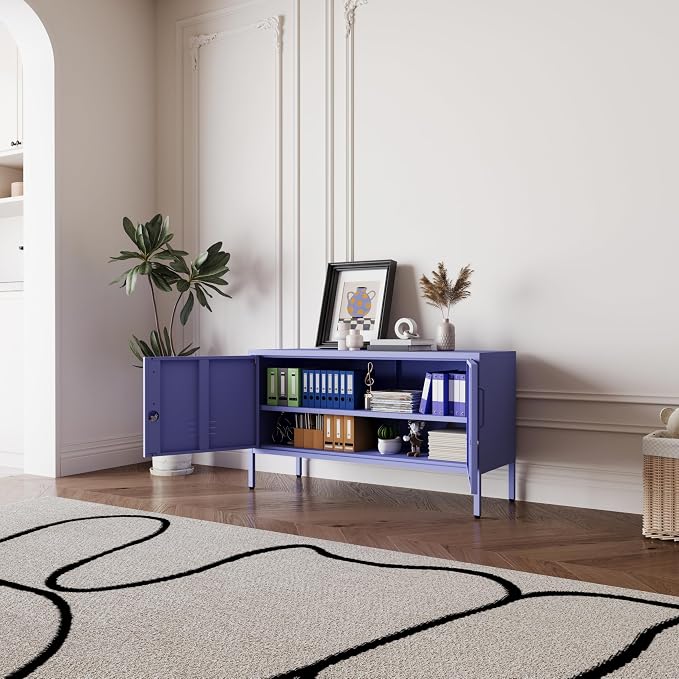Purple Metal Accent Cabinet Locker with Lock, 2-Door Wide Storage Cabinet, Adjustable Shelves, Multifunctional TV Stand & Entertainment Center for Bedroom, Living Room