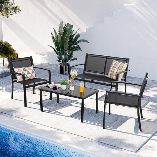 Shintenchi 4 Pieces Patio Furniture Set All Weather Textile Fabric Outdoor Conversation Set, with Glass Coffee Table, Loveseat, 2 Single Chairs for Home, Garden, Lawn, Porch(Black)