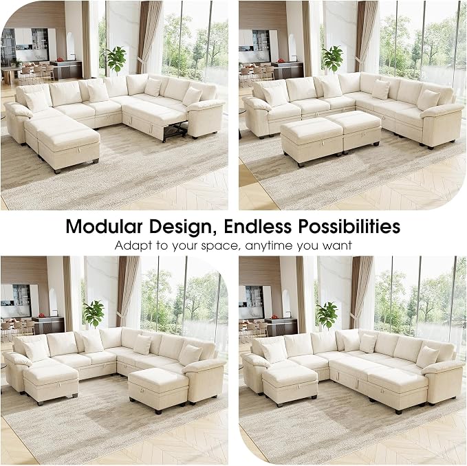 107.8" Oversized Modular Sectional Sofa with Pull Out Bed, 9 Seat U Shaped Sectional Sleeper Sofa with 291L Storage, Convertible Cloud Couch Bed, Sectional Couches for Living Room, Apartment (Beige)