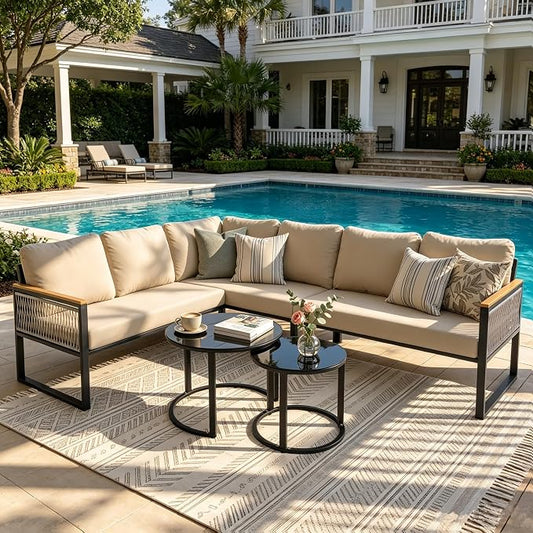 7-Piece L-Shaped Patio Conversation Sets, Hand-Woven Wicker Outdoor Sectional Sofa with Glass Nesting Coffee Table, Weather-Resistant Frame, Removable Cushion for Deck, Porch, Backyard (Beige)