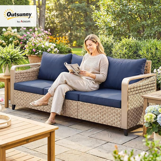 Outsunny Outdoor Patio Couch with Wide and Deep Seat, 3 Seater Wicker Outdoor Sofa with Wide Metal Armrests, Patio Furniture Couch with Cushions for Porch, Garden, Backyard, Dark Blue | Removable Covers