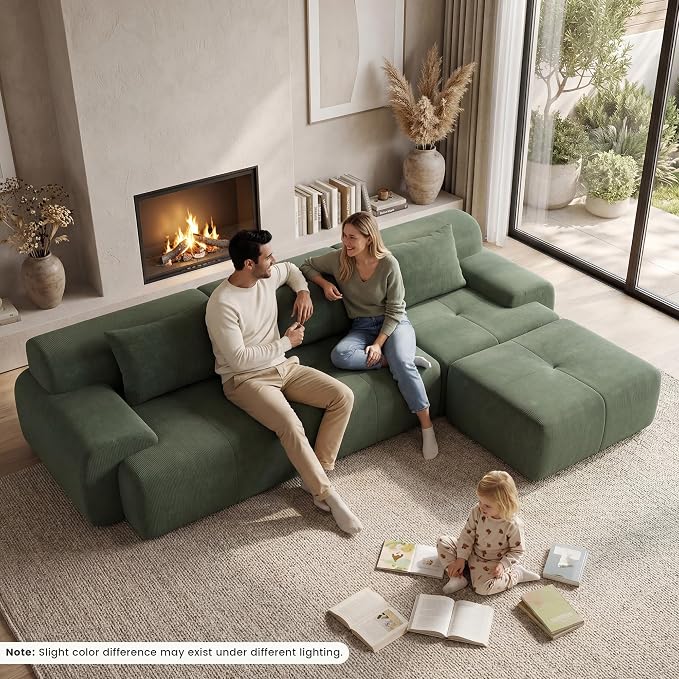 GRUSIGN 108'' Modular Sectional Boneless Sofa, Tufted Sectional Couches for Living Room,Oversized L Shape Deep Seat Sofa with Ottoman & 3 Throw Pillows,Corduroy Cloud Couch,Green