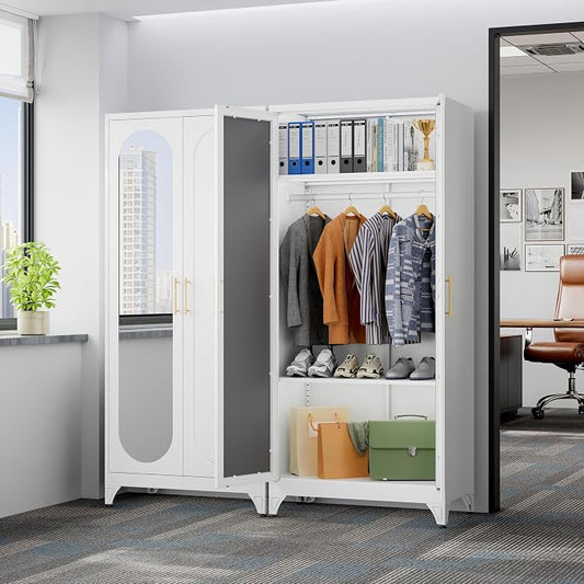 SteeLoong Metal Wardrobe Cabinet with Hanging Rod, 71" Tall Armoire Wardrobe Closet with Mirror Doors and Adjustable Shelves, White Clothing Storage Cabinets for Bedroom, Laundry Room,Office