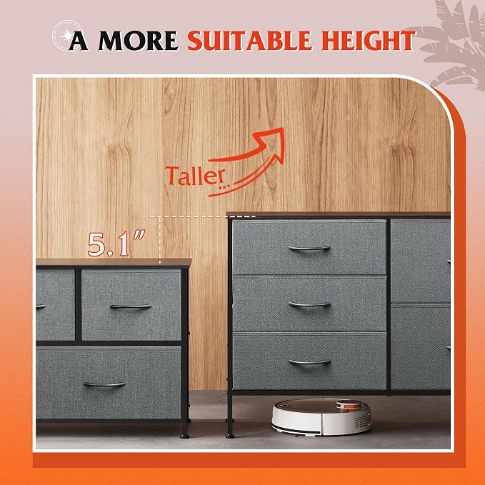 WLIVE Dresser for Bedroom with 5 Drawers, Wide Storage Dresser with Drawer Organizers, Chest of Drawers, Fabric Dressers for Living Room, Closet, Hallway, Dark Grey