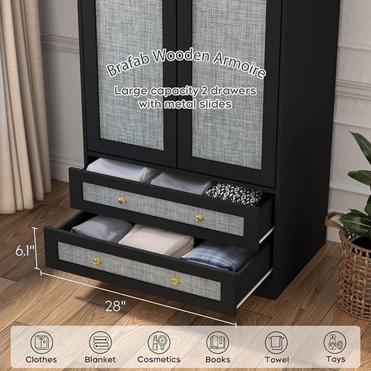 Brafab Armoire Wardrobe Closet with 2 Rattan Doors, 71" Black Farmhouse Tall Freestanding Coat Closet Wardrobe with Drawers and Hanging Rail, Wooden Armoire Storage Cabinet with Shelf for Bedroom