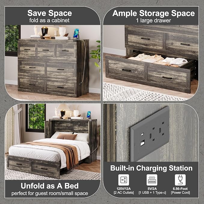 Merax Full Size Murphy Bed with Charging Station, Multi-Functional Foldable Platform Bed with 1 Large Storage Drawer for Guest Room, Small Bedroom, Gray