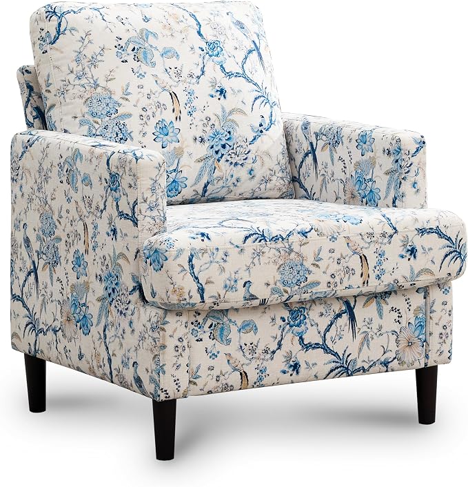 Weture Mid-Century Accent Chair,Modern Linen Fabric Armchair for Living Room,Comfy Upholstered Reading Accent Chairs for Bedroom,Single Sofa Chair with Wood Legs (Blue Flowered Bird, 1 Pack)