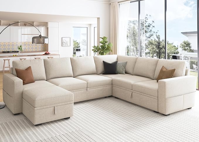 HONBAY Modular Sectional Sleeper Sofa with Pull Out Bed, U Shaped Sectional Couch with Storage Ottoman, Sleeper Sectional Couches for Living Room, Beige