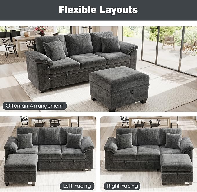 Ihanherry 86" Modular Sectional Sofa with Pull Out Bed, 4-Seater L Shaped Sectional Sleeper Couch with Storage Ottoman, Chenille Convertible Couches for Living Room, Apartment (Grey)