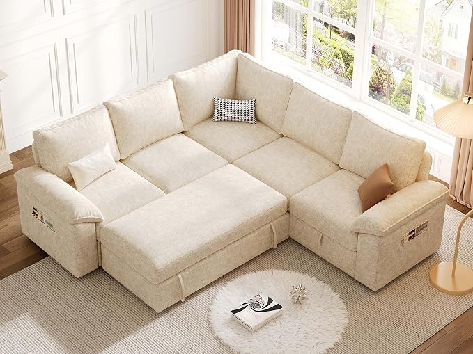 85 Inch Modular Sectional Sofa with Pull Out Bed, L Shaped 5 Seat Sectional Sleeper Sofa with Storage, Sectional Couches for Living Room, Cloud Modular Couch, Removable Sofa Cover, Beige