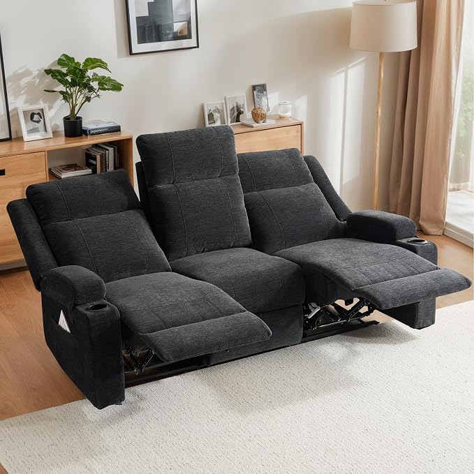 75'' Manual Reclining Sofa with Storage Drawer, 3 Seat Wall Hugger Recliner Couch with Cup Holders, Side Pockets, Chenille Fabric, Compact 3-Person Recliner for RV, Living Room, Apartment (Black)