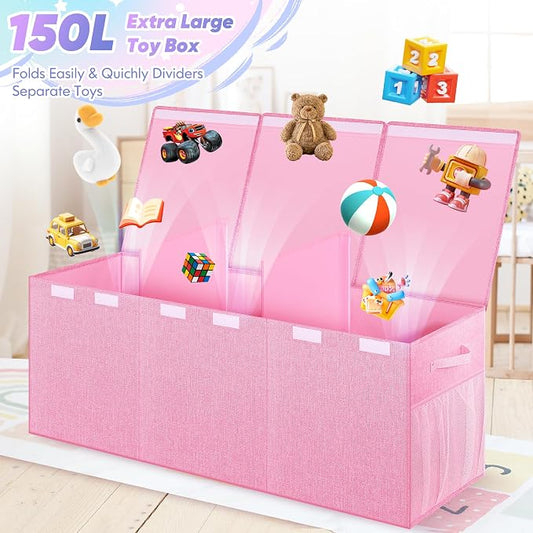 Mabahoo Extra Large Toy Box, Toybox for Kids Boys Girls, Collapsible Sturdy Toy Storage Organizer with Mesh Pockets, 40"x14"x16" Kids Storage Boxes Bins Baskets for Nursery, Playroom, Pink