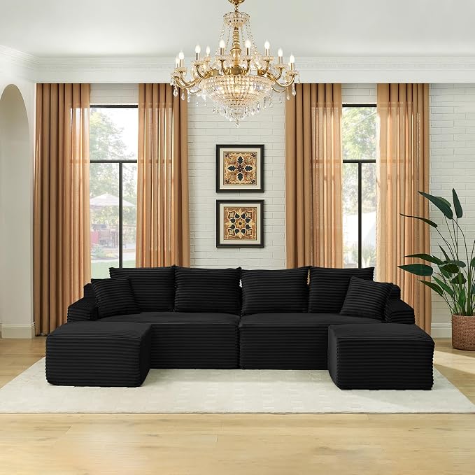 115" U-Shaped Cloud Sectional Couch, Modular Compressed Boneless Sectional Sofa W/Reversible Ottoman Chaise Lounge, Plush Corduroy Boneless Symmetrical Sofa for Living Room