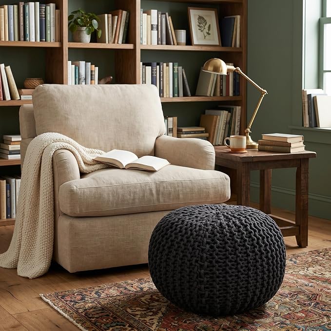 BIRDROCK HOME Round Pouf Ottoman Foot Rest - 18.5”x18.5”x15” Boho Compact Comfortable Soft Cotton Braided Foot Stool with Bean Bag Filling for Living Room, Bedroom, or Nursery (Charcoal Gray)