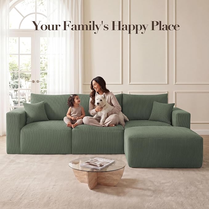 Living&Giving 115" Modular Cloud Boneless Couch, L-Shaped Sectional Sofa with Ottoman, Premium Corduroy Floor Couch, High-Density Foam & Firm Back Support for Living Room, Green | Boneless Couch
