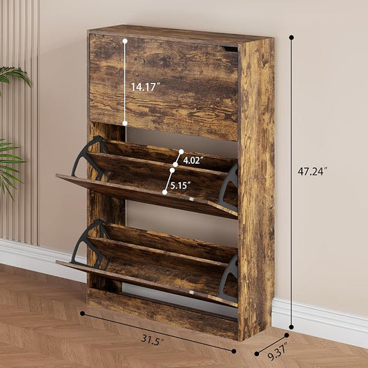 Shoe Storage Cabinet, Wood Shoe Organizer for Entryway with 3 Flip Drawers, Freestanding Shoe Rack with Adjustable Shelf, Narrow Shoe Dresser for Front Door Entrance (Brown, 3 Drawers)