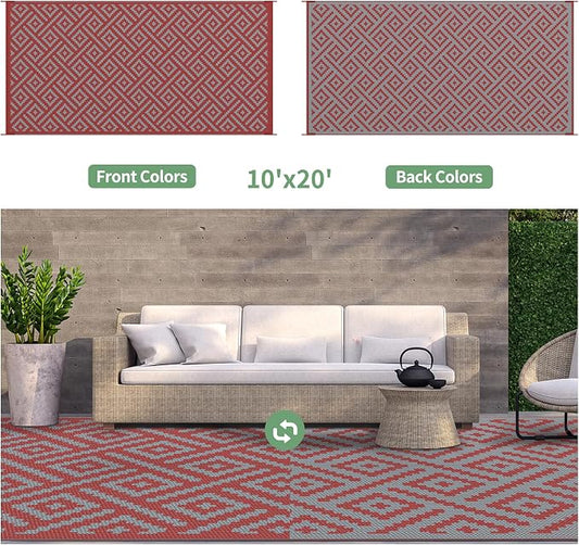 GENIMO Outdoor Rug for Patio Clearance, 10'x20' Reversible Plastic Straw Rugs, Lightweight Waterproof RV Camping Mat for Camper, Balcony, Deck, Backyard, Picnic, Red Grey