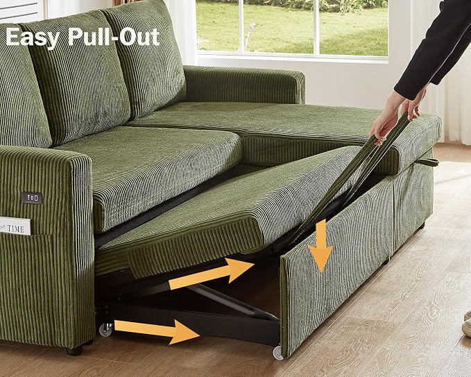 Vipbear 104" Sectional Sleeper Sofa Bed with Pull Out Bed, U Shaped Couch Pull Out Couch with Reclining Backrest, Reversible Storage Chaise, USB Ports, Tool-Free Assembly, Corduroy Green