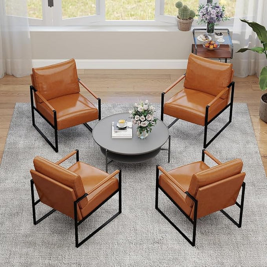 INZOY Accent Arm Chair with Metal Frame Set of 6, Comfy Living Room Chair with Plump Backrest and Cushion, Mid Century Modern Chair with Sturdy Structure, Easy to Clean, Brown