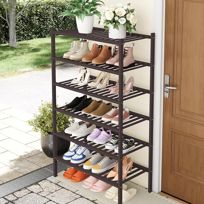 Smiry Bamboo Shoe Rack, 6 Tier Free Standing Wooden Shoe Organizer, Stackable Wood Shoe Storage Shelf for Closet, Entryway, 14 Vertical Slats, 2+2+2 Stack Heavy-Duty Legs, 26.8"x11"x39", Brown
