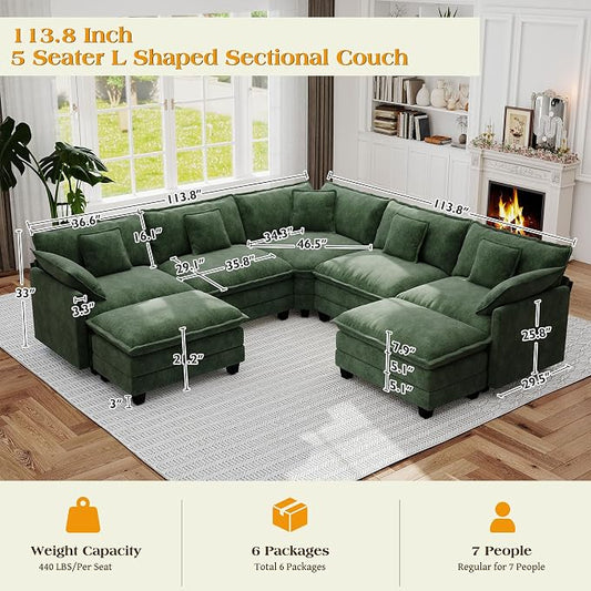 113.8" Modular Sectional Sofa,Cloud Couch for Living Room,Modern Deep Seat Sofa 5 Seater Chenille Fabric Comfy L Shaped Couches with Throw Pillows & Movable Ottoman for Apartment